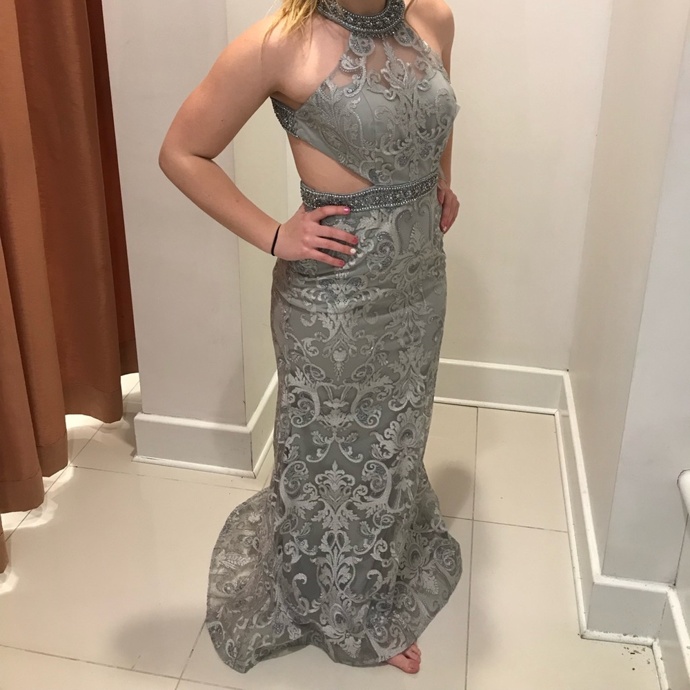 Dave & Johnny Silver Backless Mermaid Prom Dress